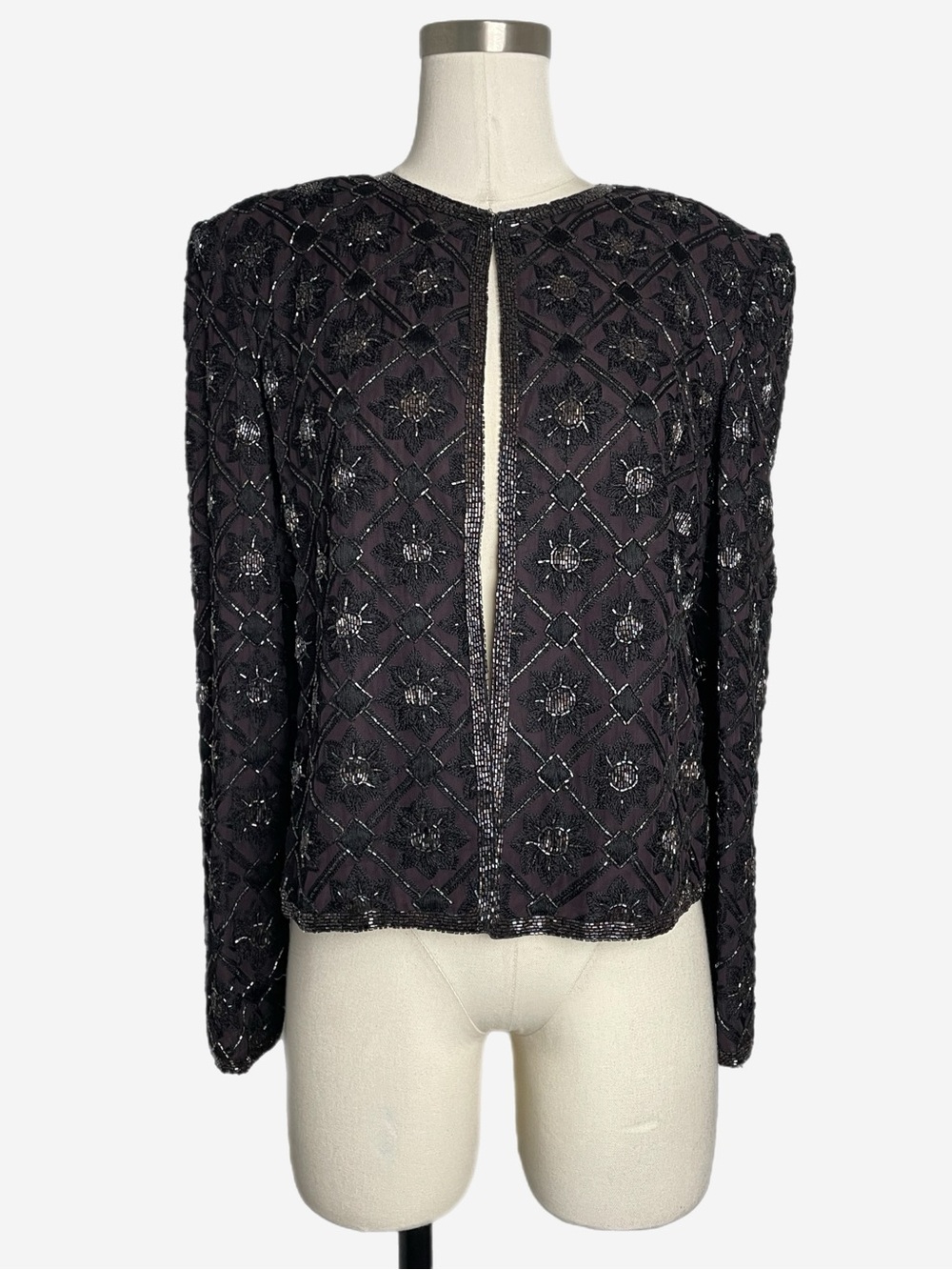 Vintage NiteLine purple black silk floral embroidered beaded jacket formal S